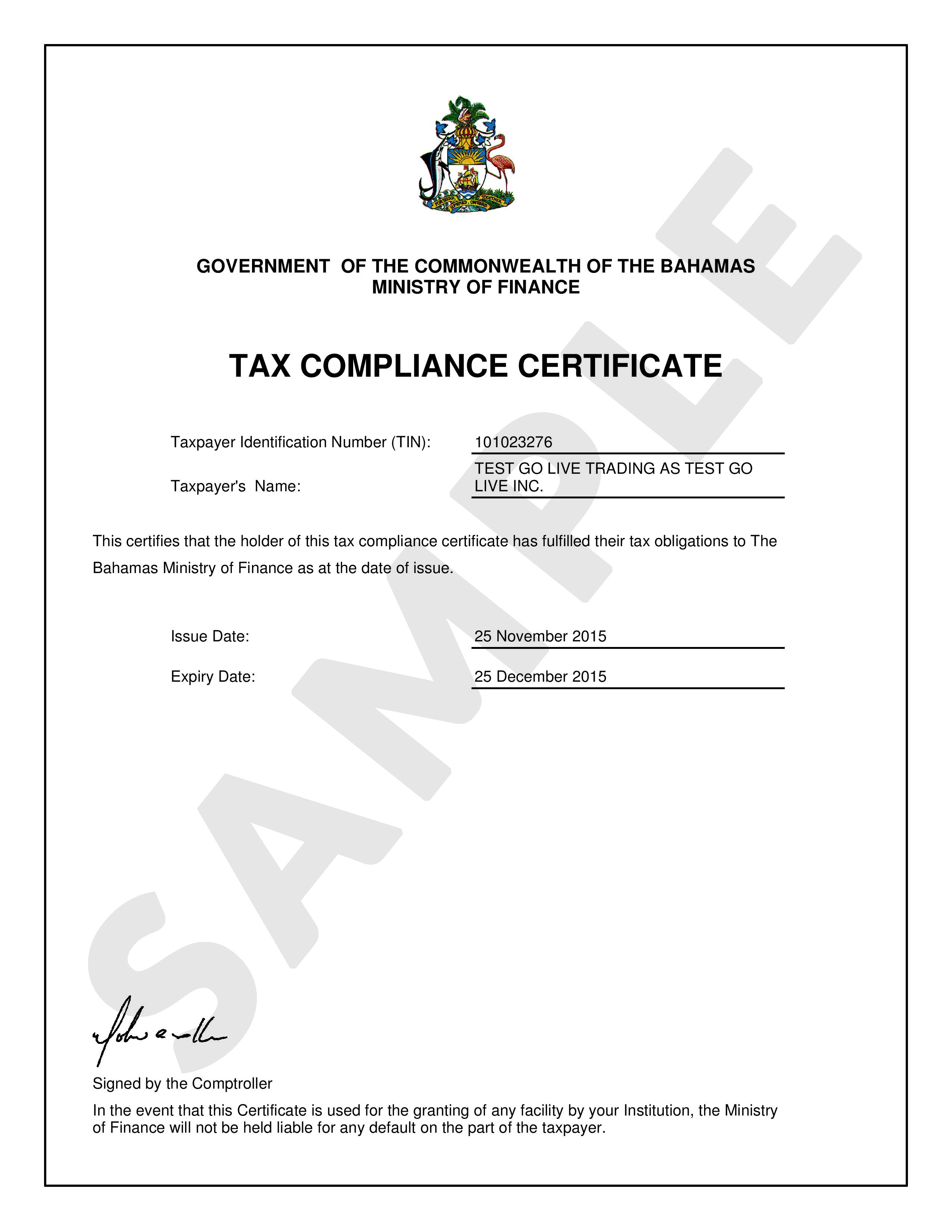 Tax Compliance Certificate Department of Inland Revenue