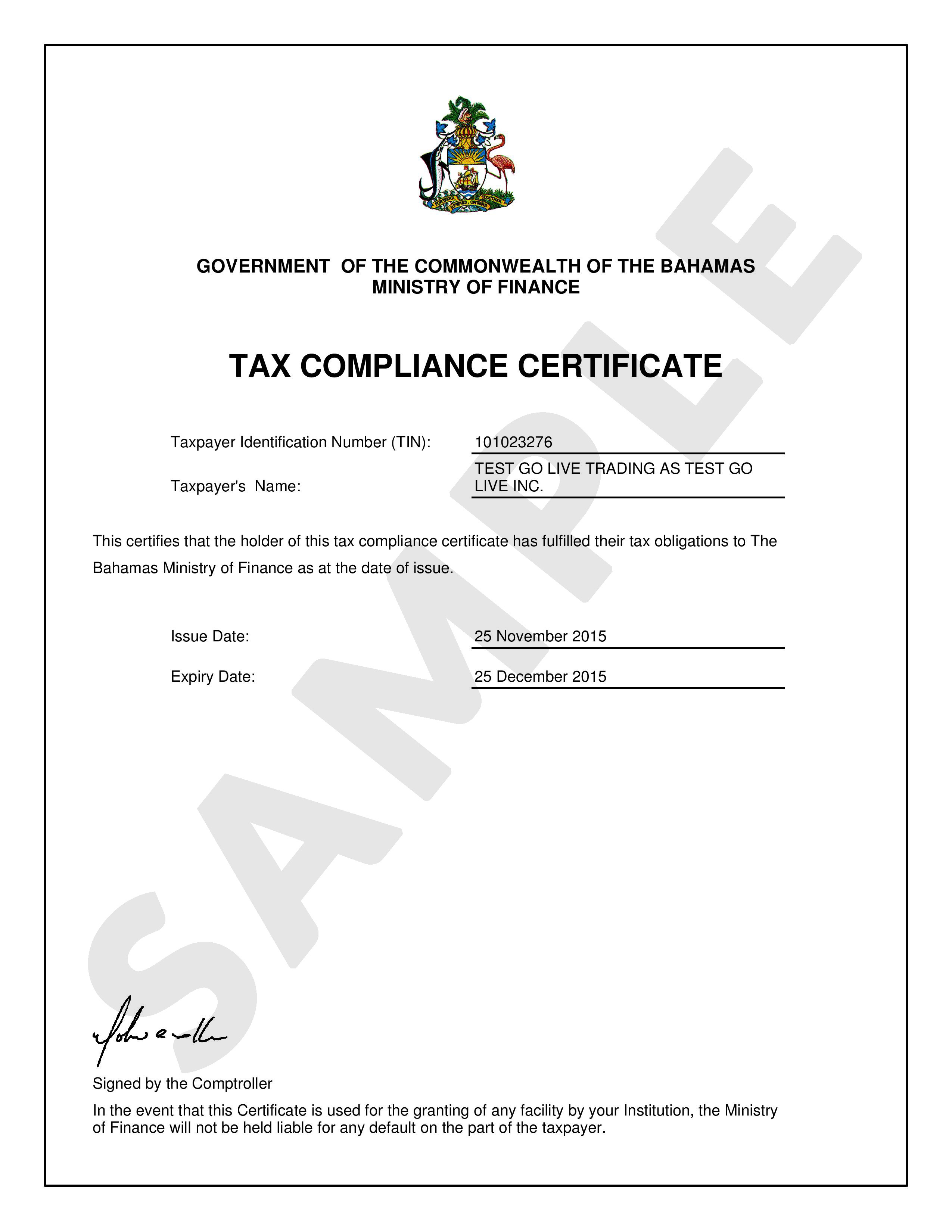 Tax Compliance Certificate - Department of Inland Revenue