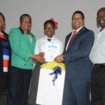 Essay winner receives prize. L-R, Mrs. Bevans Hanna (V.P Mary Star of The Sea), Mrs. Rosemary Pintard-Bowe (Acting D.I.R Controller), Yana Swain (Awardee), Hon. K. Peter Turnquest (DPM, Min Of Finance), Mr. Denzal Swain (father of awardee)